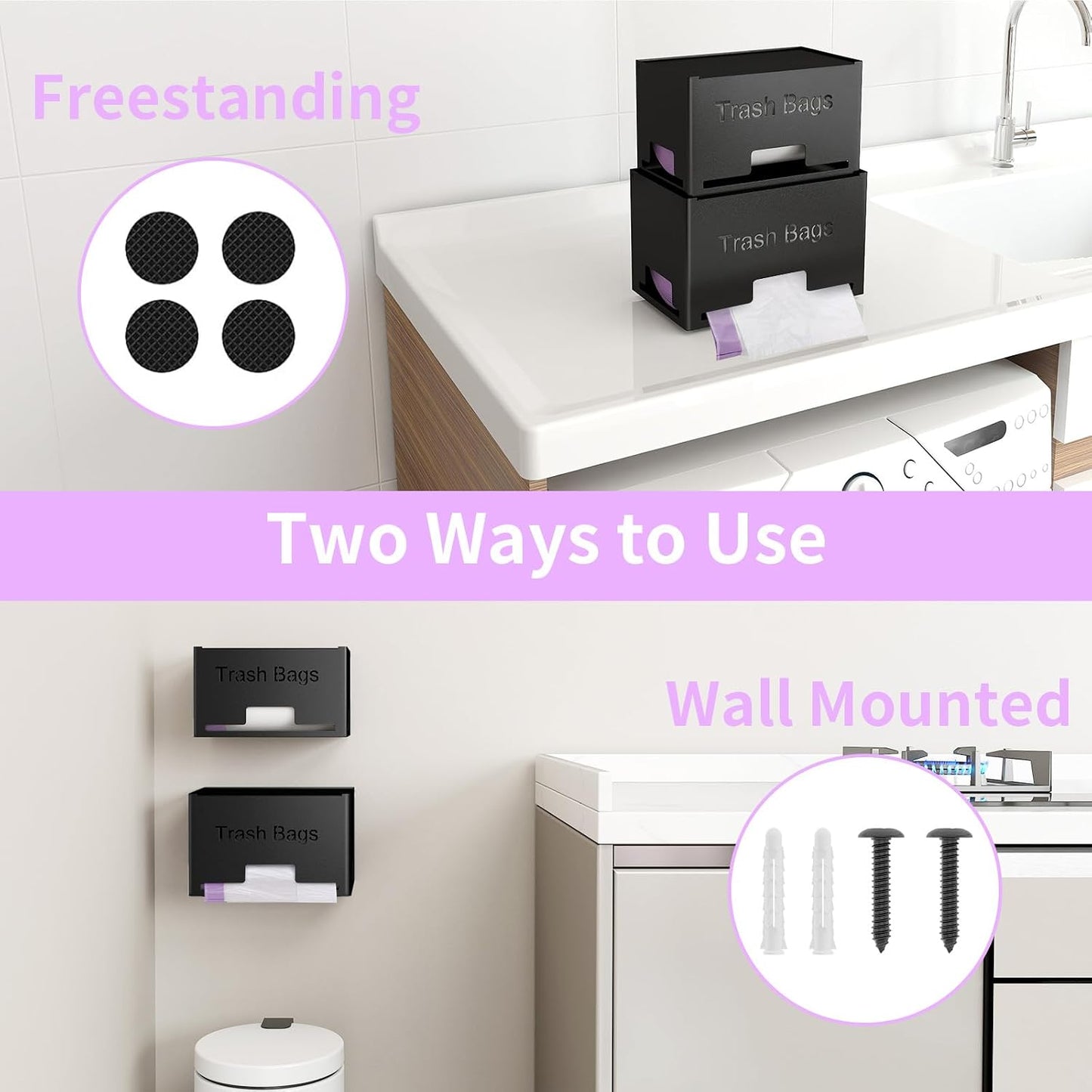 STWWO Large Trash Bag Holder Dispenser, Metal Garbage Bag Dispenser Roll Holder, Kitchen Trash Storage Organizer for Under Sink, Wall Mounted or Freestanding, Black