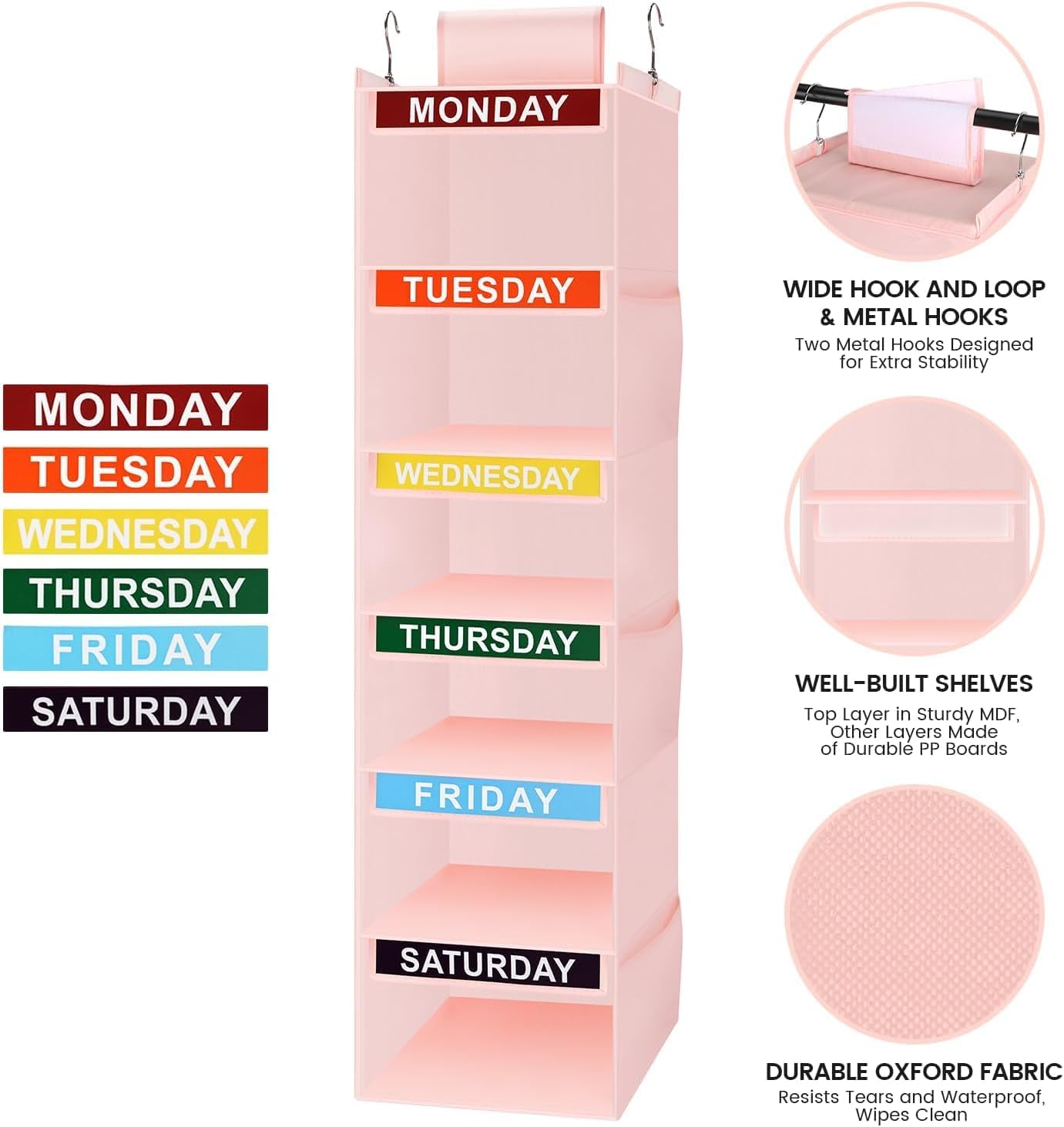 Weekly Clothes Organizer for Kids, 5-Shelf Kid Hanging Closet Organizer w/ 6 Side Pockets, Labeled Weekly Outfit Organizer for Kids, Days of The Week Clothes Organizer Monday Through Friday White