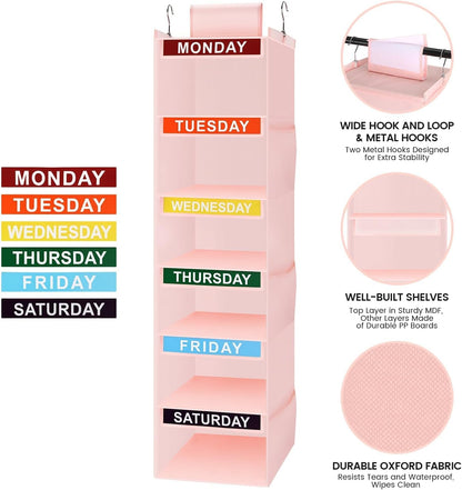 Weekly Clothes Organizer for Kids, 5-Shelf Kid Hanging Closet Organizer w/ 6 Side Pockets, Labeled Weekly Outfit Organizer for Kids, Days of The Week Clothes Organizer Monday Through Friday White