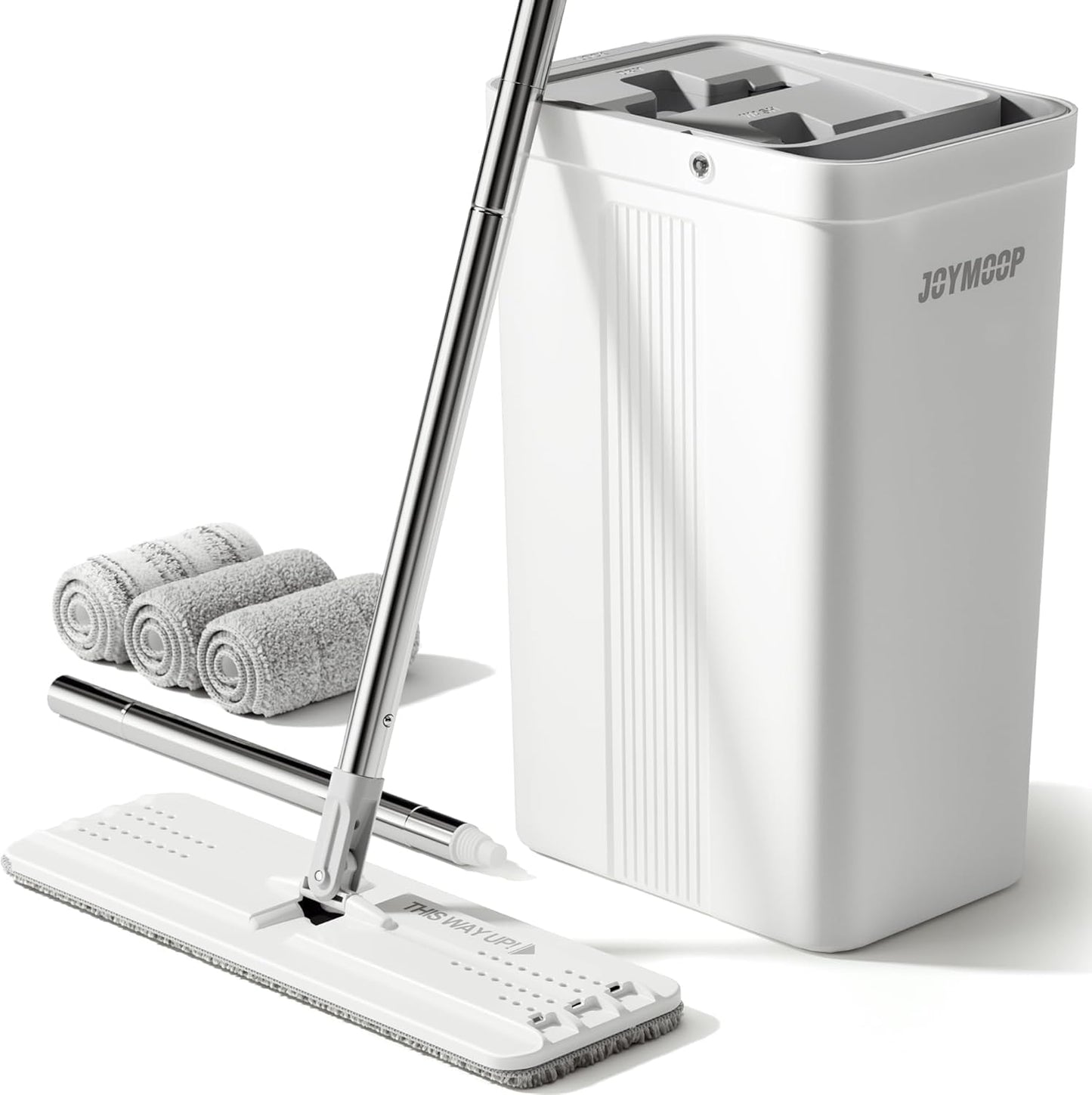 JOYMOOP Mop and Bucket Set, Flat Mops for Floor & Wall Cleaning, Commercial & Household Use, Hardwood Floor Mop with Long Handle & 4 Microfiber Pads