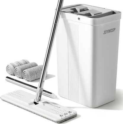 JOYMOOP Mop and Bucket Set, Flat Mops for Floor & Wall Cleaning, Commercial & Household Use, Hardwood Floor Mop with Long Handle & 4 Microfiber Pads