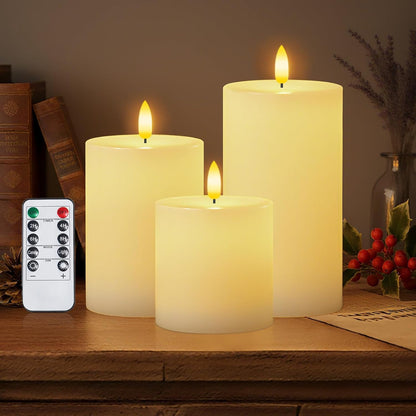 Homemory White Flameless Candles Battery Operated with Remote Timer, 3x3 Real Wax LED Pillar Candle for Home Fireplace Bedroom Living Room Party, Set of 3