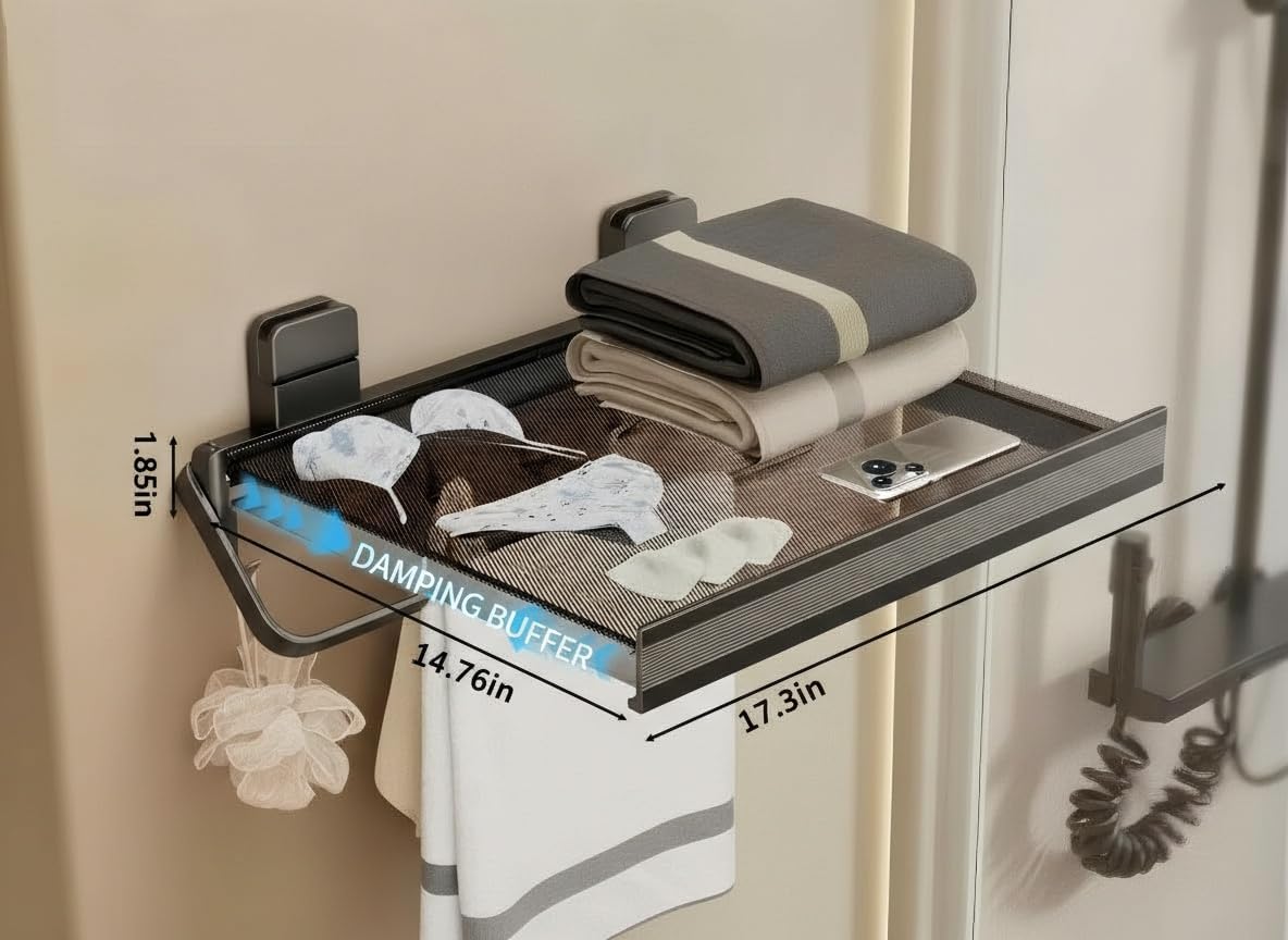 Indoor Clothes Drying Rack Foldable,Wall Mounted Retractable | with Foldable Towel Bar,6 Movable Hooks and Underwear Drying Net
