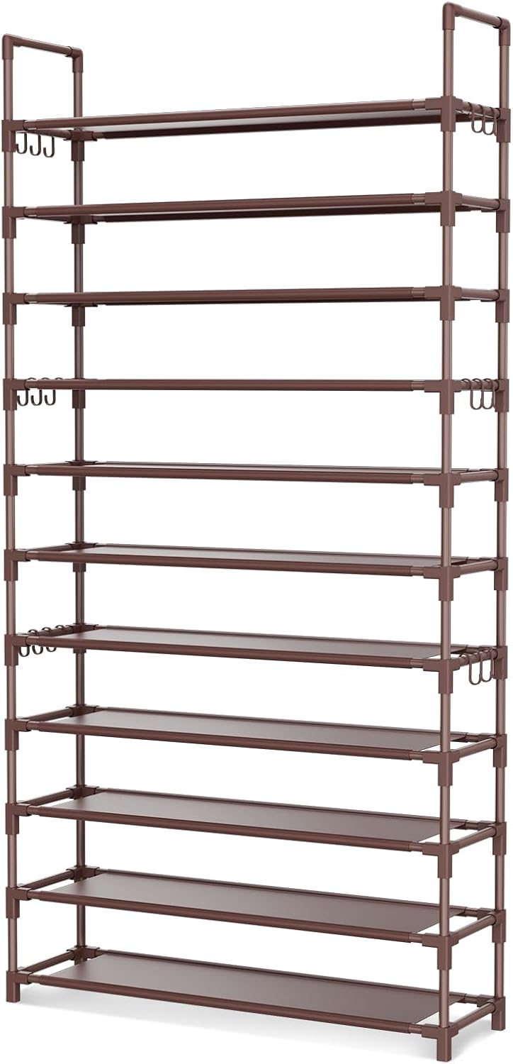 LANTEFUL 10 Tiers Shoe Rack 50 Pairs Large Capacity Tall Shoe Organizer Sturdy Shoe Storage with Two Hooks Space Saving Metal Wide Shoe Rack for Closet, Entryway, Bedroom, Black