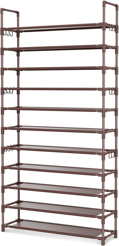 LANTEFUL 10 Tiers Shoe Rack 50 Pairs Large Capacity Tall Shoe Organizer Sturdy Shoe Storage with Two Hooks Space Saving Metal Wide Shoe Rack for Closet, Entryway, Bedroom, Black
