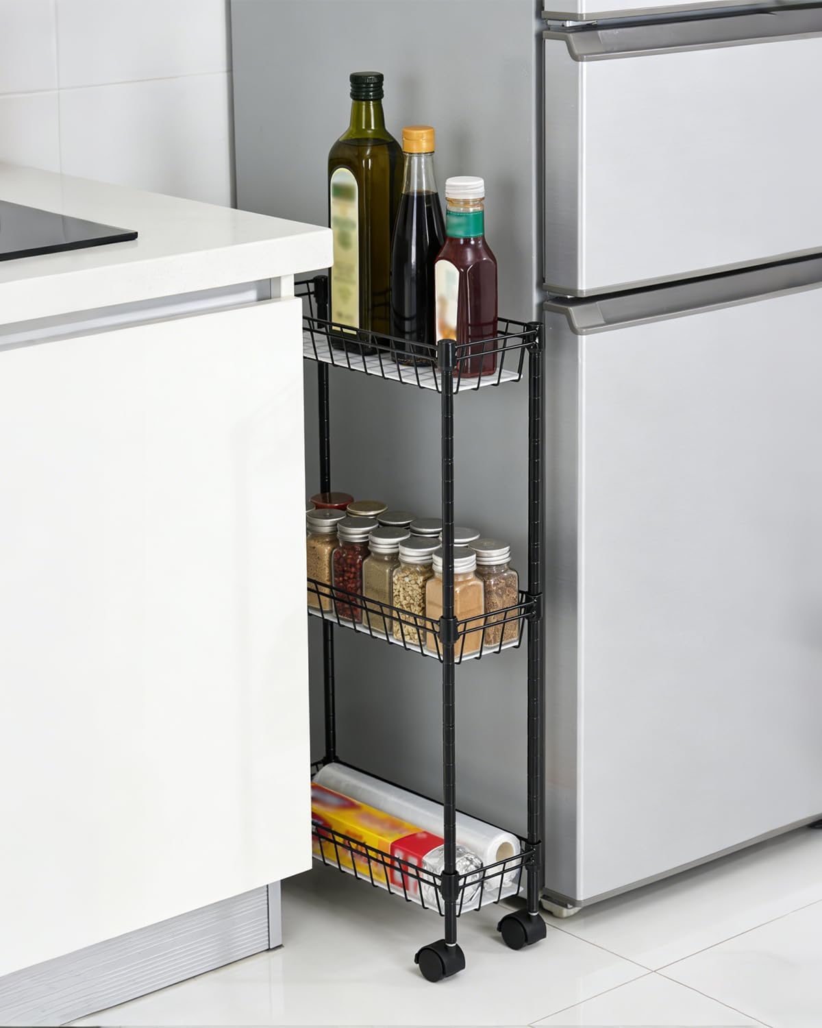 Slim Metal Rolling Storage Cart – 4-Tier Adjustable Utility Organizer with Basket Shelves & Wheels – Space-Saving Mobile Drawer Cabinet – 15.75x5.91x31.5in – for Office, Kitchen, Bathroom