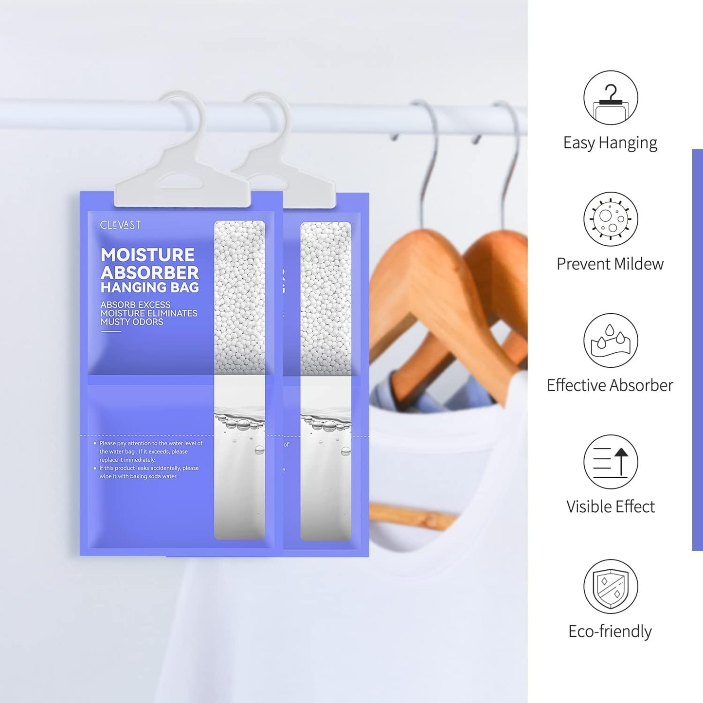 CLEVAST Moisture Absorbers Packets 5 Pack, Dehumidifier Bags for Closet, Unscented Hanging Humidity Absorber in Wardrobes, Bedrooms, Bathrooms(Net Wt. 230g/Pack)