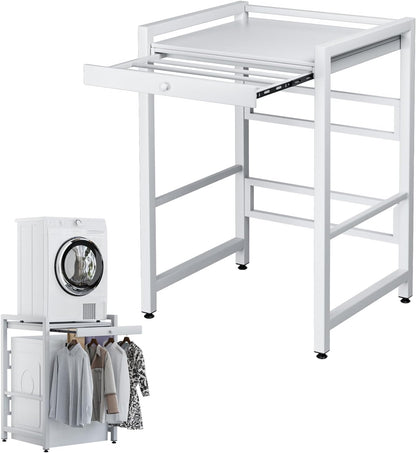 Washer Dryer Shelf Over The Washer Storage Shelf, Washing Machine Storage Utility Rack with Countertop, Height Adjustable Washing Machine Storages Stand White
