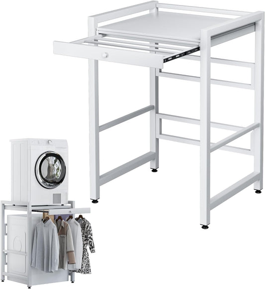 Washer Dryer Shelf Over The Washer Storage Shelf, Washing Machine Storage Utility Rack with Countertop, Height Adjustable Washing Machine Storages Stand White