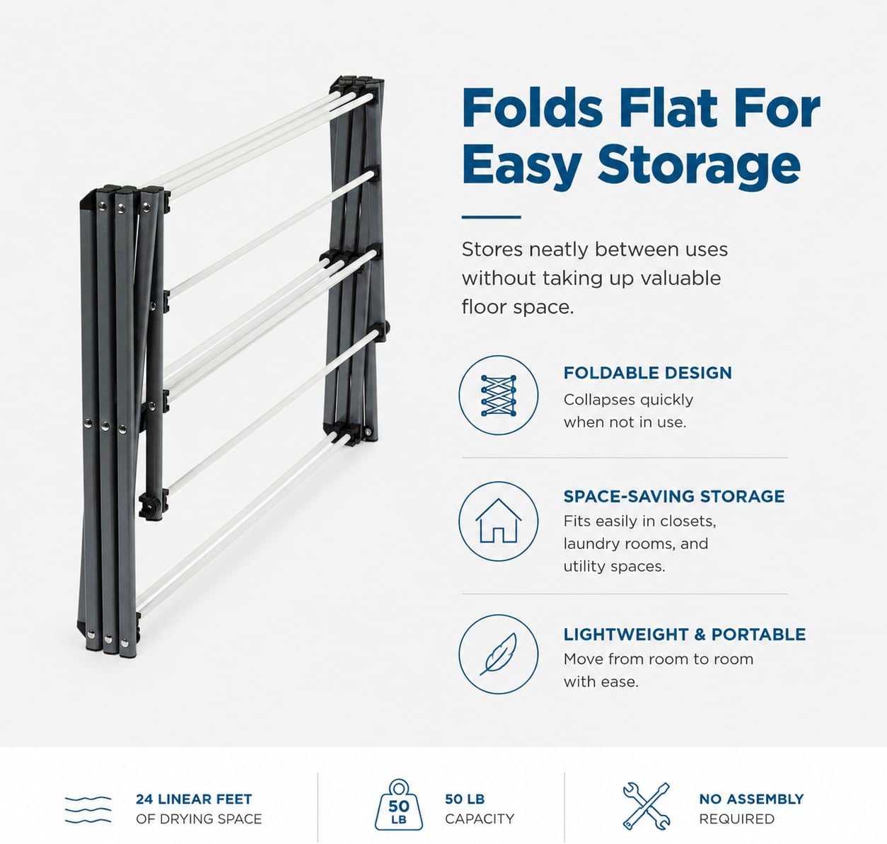 Honey-Can-Do 6-Tier Collapsible Steel Clothes Drying Rack, 24 ft, White | 6-tier steel rack with 24 ft of drying space folds flat to 3 in. Coated bars are gentle on delicates; 50 lb capacity.