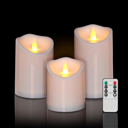 Outdoor Indoor Flameless Candles, Patented 3D Dual-LED, Set of 6 Slanted Top Durable Plastic Pillars with 2 Remotes & Timer, Non-Melting Waterproof Battery Candles for Patio Garden (Ivory)