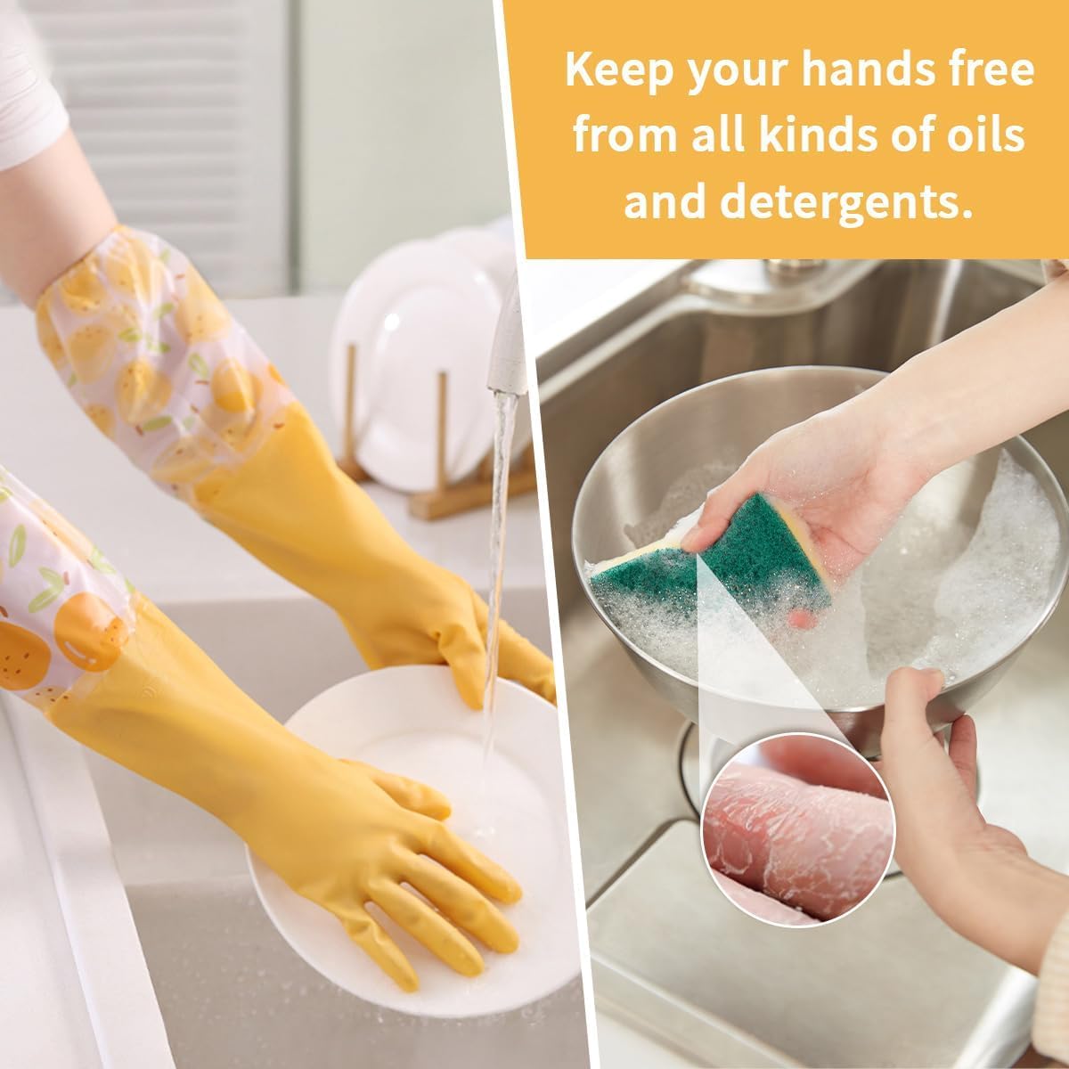 Dishwashing Cleaning Gloves, Rubber Kitchen Glove 2 Pairs | Reusable Latex Free Gloves with Cotton Lined, Long Waterproof Household Glove for Laundry Cleaning Working Gardening Cooking