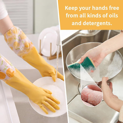 Dishwashing Cleaning Gloves, Rubber Kitchen Glove 2 Pairs | Reusable Latex Free Gloves with Cotton Lined, Long Waterproof Household Glove for Laundry Cleaning Working Gardening Cooking