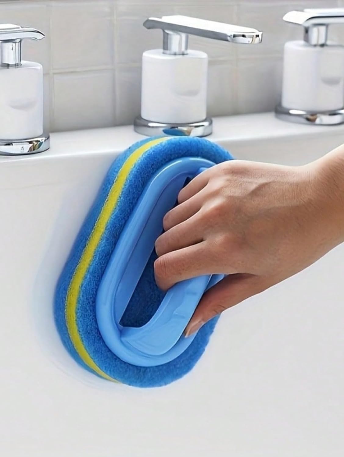 Ergonomic Long Handle Sponge Brush Set Durable Scouring 3 Pack Pad Shower Scrubber for Bathroom Bathtub Tile Grout Kitchen Sink Pot Cleaning Tool Non Scratch Heavy Duty Wand (Hot Pink)