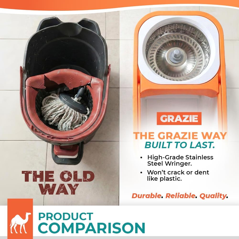 Grazie Spin Mop & Bucket Set - 360° Self-Wringing System with Wheels, Stainless Steel Handle - Hands-Free Floor Cleaning for Hardwood, Tile, Laminate - Includes 4 Washable Microfiber Mop Head Refills