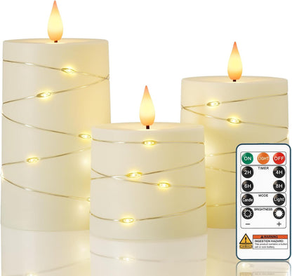 Raycare Flameless Candles with Remote Timer, Flickering Battery Operated LED Pillar Fake Candle with String Lights for Home Decor, Christmas, Wedding and Gift, White, Set of 3