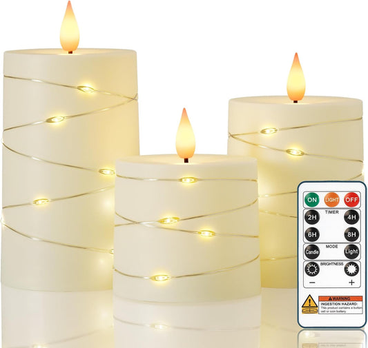 Raycare Flameless Candles with Remote Timer, Flickering Battery Operated LED Pillar Fake Candle with String Lights for Home Decor, Christmas, Wedding and Gift, White, Set of 3