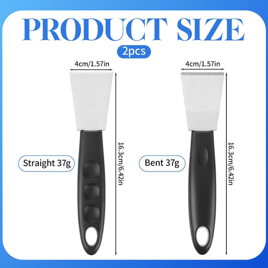 2 Pcs Stainless Steel Scrapers, Multi-Purpose Metal Cleaning Tool with Grip for Stove Oven Glass Grout Adhesive Paint 3D Printing, Professional Non-Scratch Scrapers (Straight + Bending)