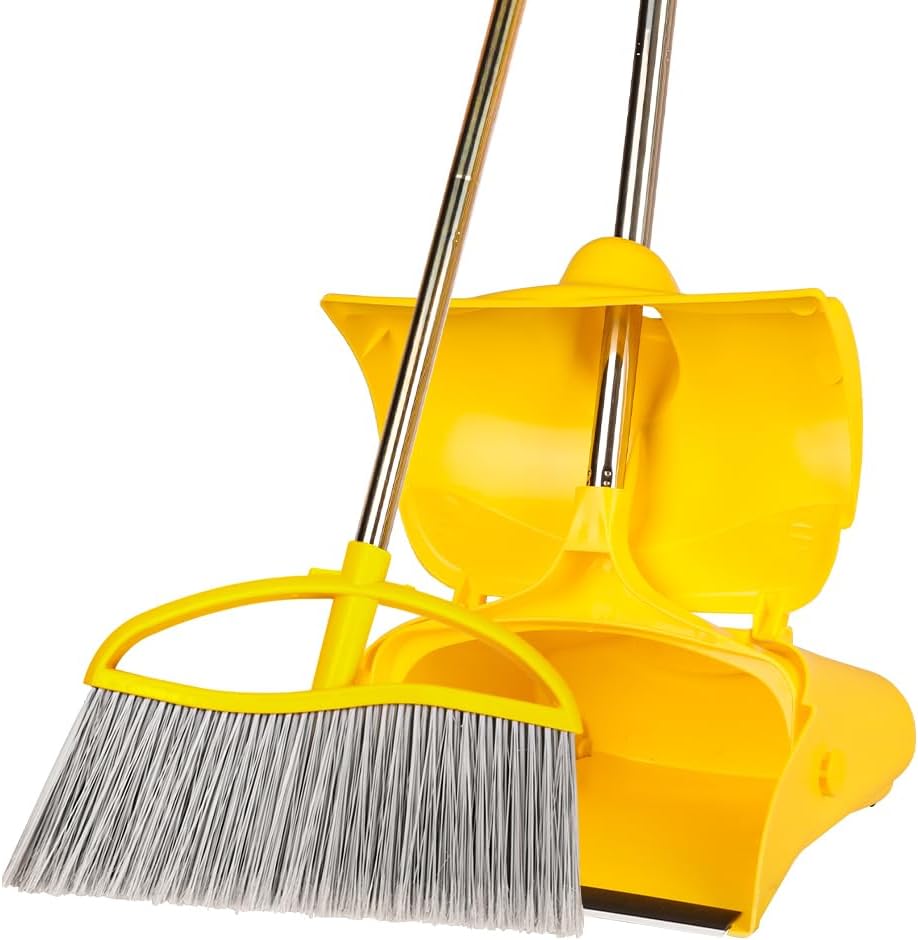 Long Handle Heavy Duty Broom and Dustpan Set, Outdoor and Commercial Upright Dustpan and Brush for Restaurant Garage Garden Yard Office,Black