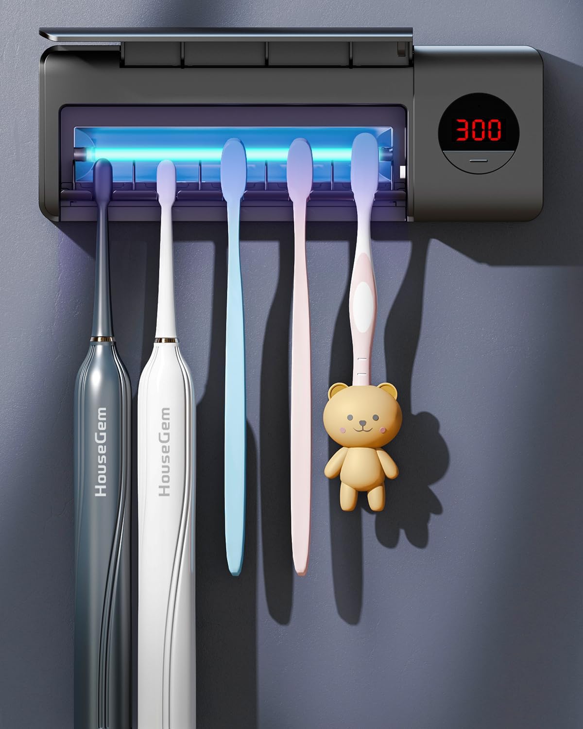 HouseGem Toothbrush Holder, Timer Function, 2000mAh Rechargeable Cordless Wall-Mounted Bathroom (White)
