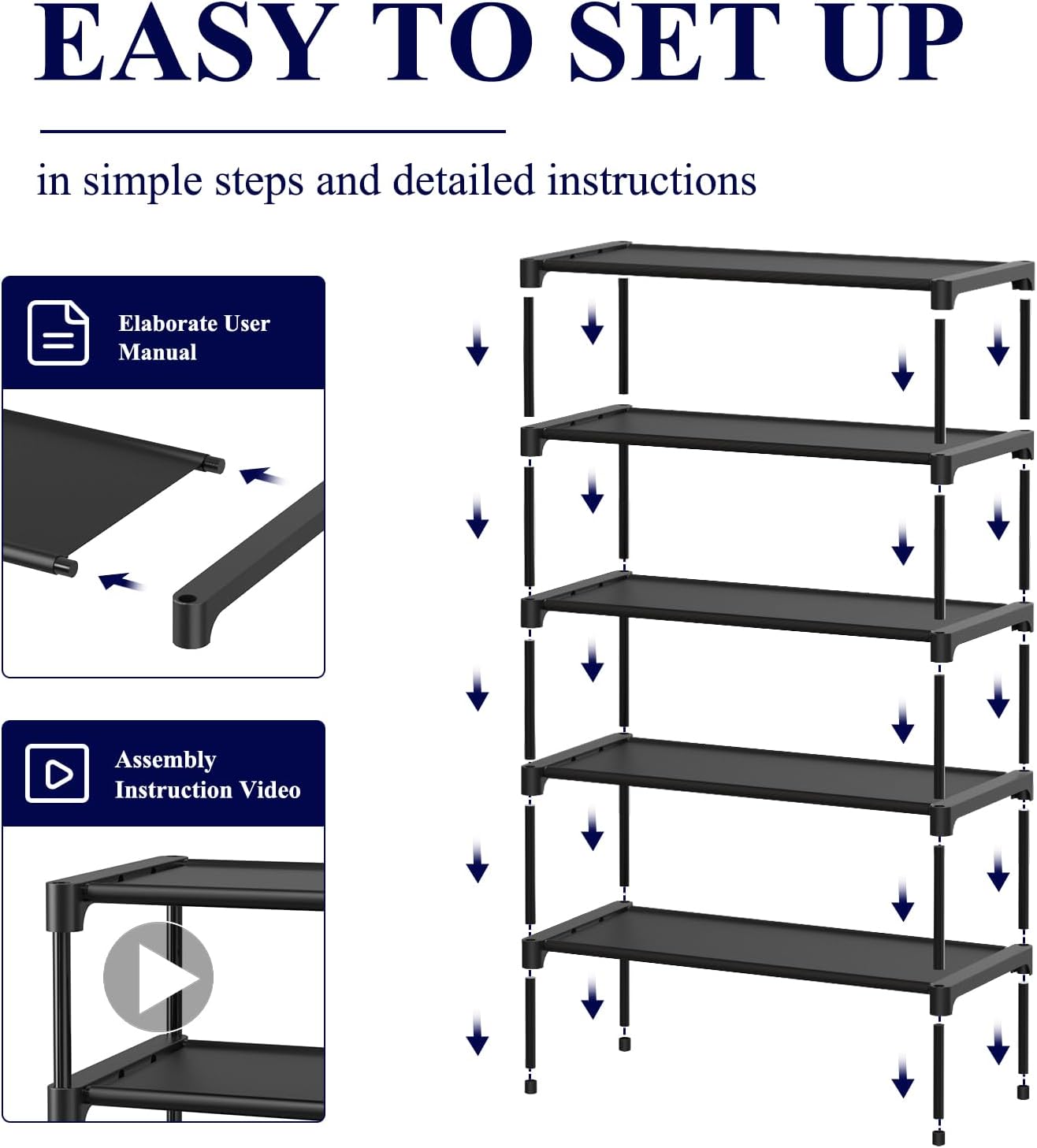 Kitsure Shoe Rack - Non-Woven Shoe Rack Shelf, Shoe Organizer for Closet, Entryway, Garage & Corridor, Stackable Shoe Shelves, 27.5" Wide - 3 Tier, Black