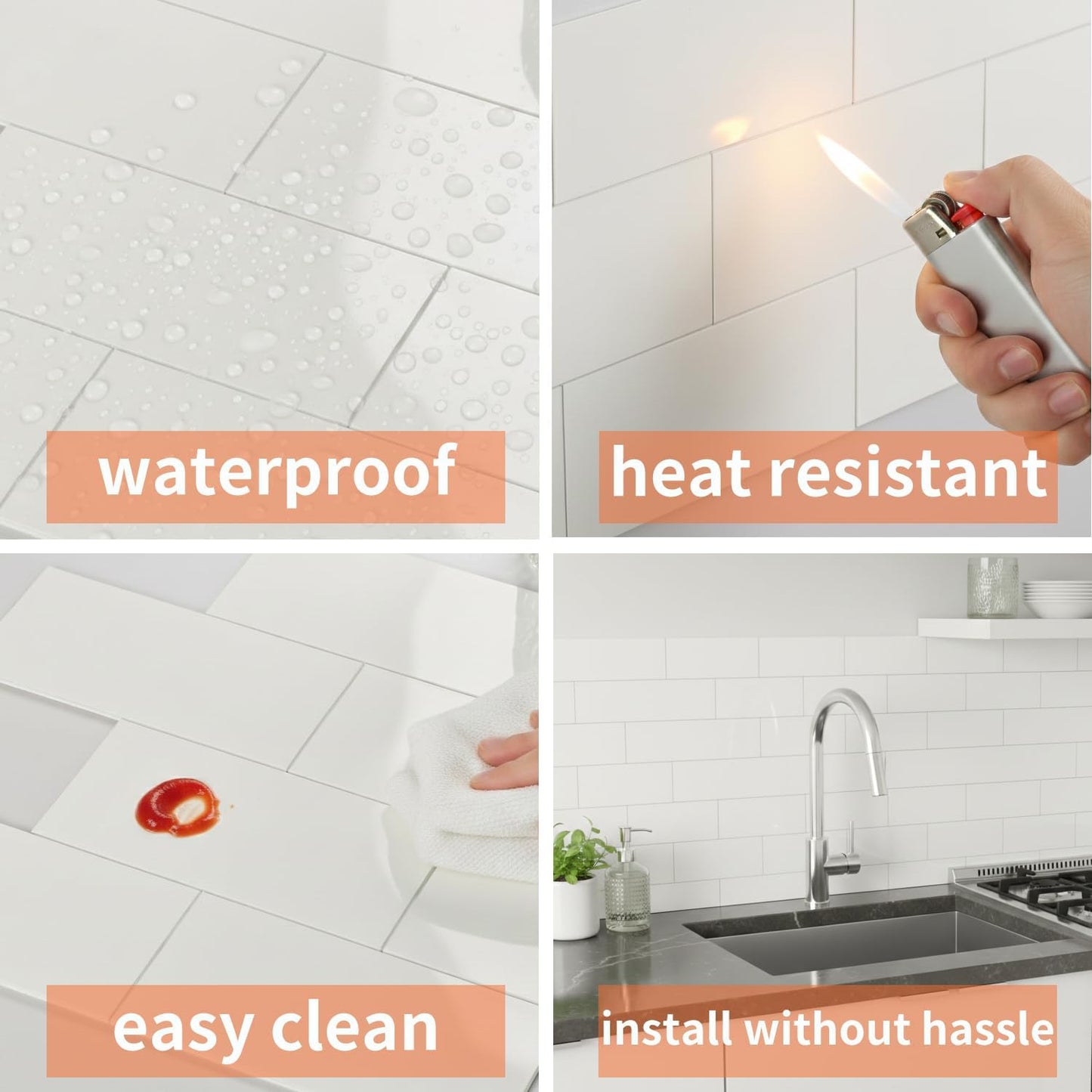 10- Sheet Polished White Peel and Stick Backsplash, 12’’Luxury PVC Ceramic Look Self Stick Subway Tiles, Waterproof Peel and Stick Wall Tiles for Kitchen and Bathrrom