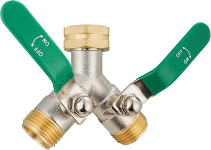 Hose Splitter 2 Way, High Flow Garden Hose Splitter, 3/4” Ght Inlet Brass Heavy Duty Hose Converter, Full Flow water 2 Way Faucet hose splitter, Long Handle Hose Valve Large Outlet.