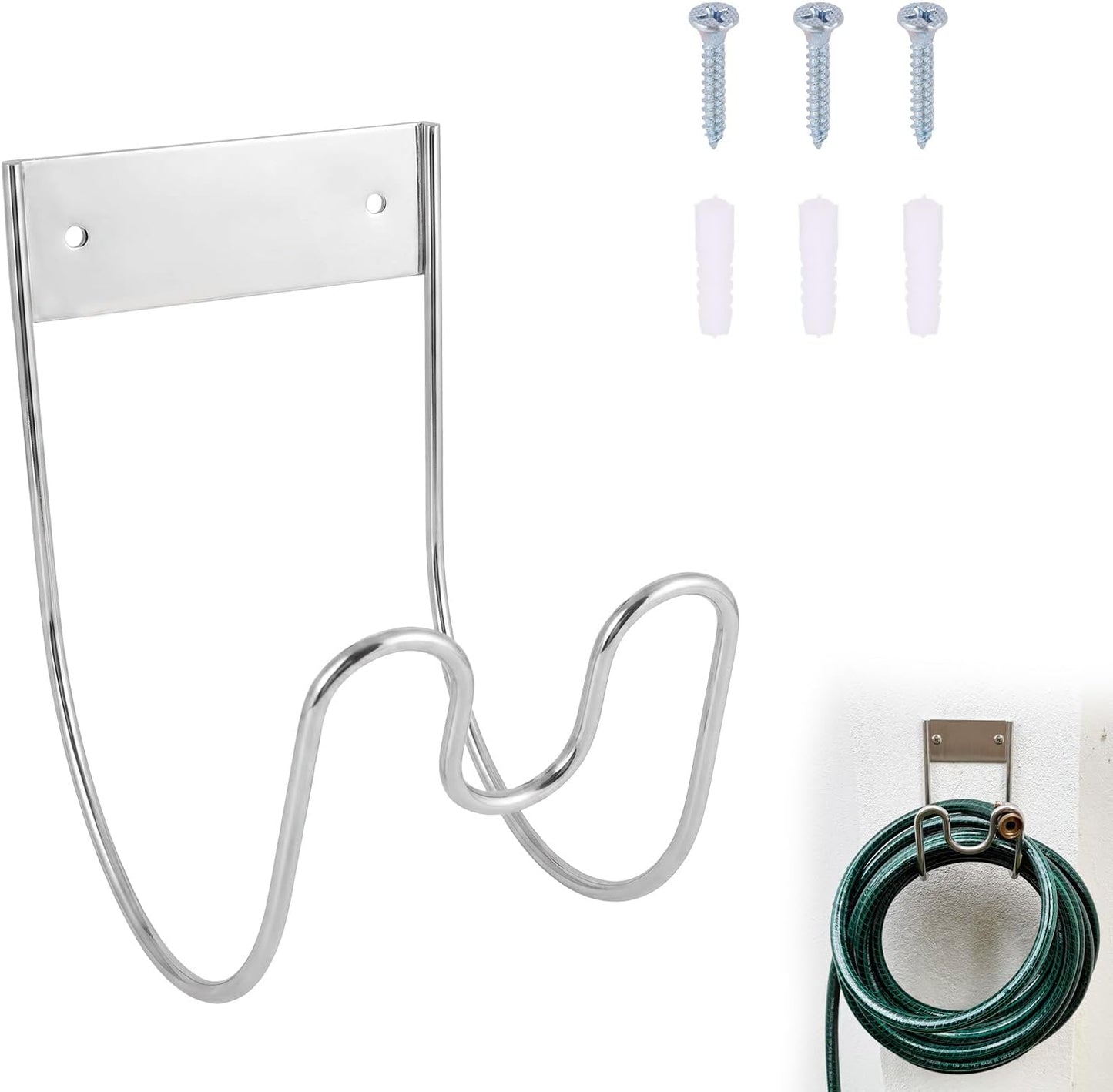 Stainless Steel Garden Hose Holder Wall Mount, Outside Metal Water Hose Reel Hanger Heavy Duty Hook Rack for Extension Cords Vacuum Lines Outdoor Garden Pipe Storage Organization