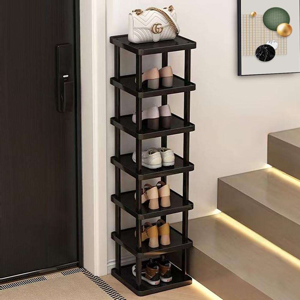 Vertical Shoe Rack - Tall Narrow Shoe Rack Organizer for Small Spaces,5 Tier Bamboo Shoen Shelf for Entryway,Closet,Corner,Doorway,Skinny Shoe Shelf Space Saving Shoe Storage,Free Stackable DIY