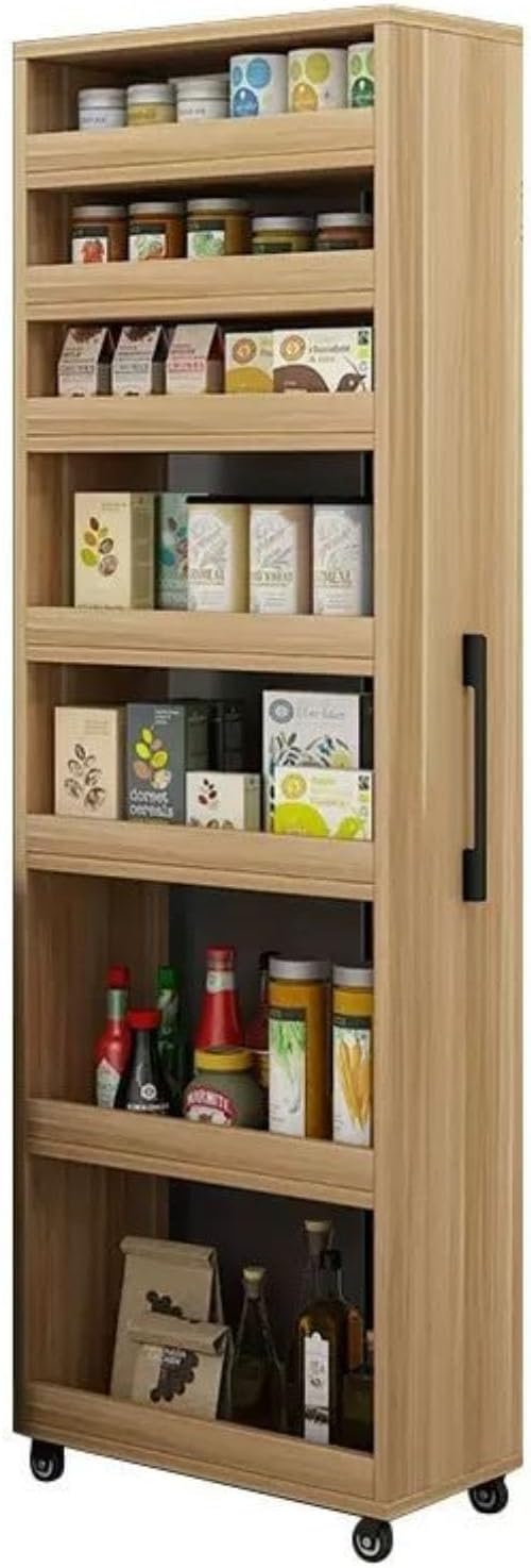 5.9'' Slim Rolling Storage Cart for Kitchen 7-Tier Narrow Wood Spice Rack with Handle Wheels Between Fridge or Pantry Space Saver(White,CH)