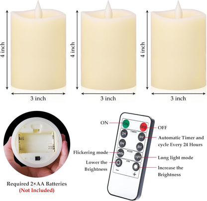 3"x4" Flickering Flameless Battery Candles with Timer, White Realistic LED Pillar Candles, Set of 2 Large Remote-Operated Candles for Home Indoor/Outdoor & Holiday Decor