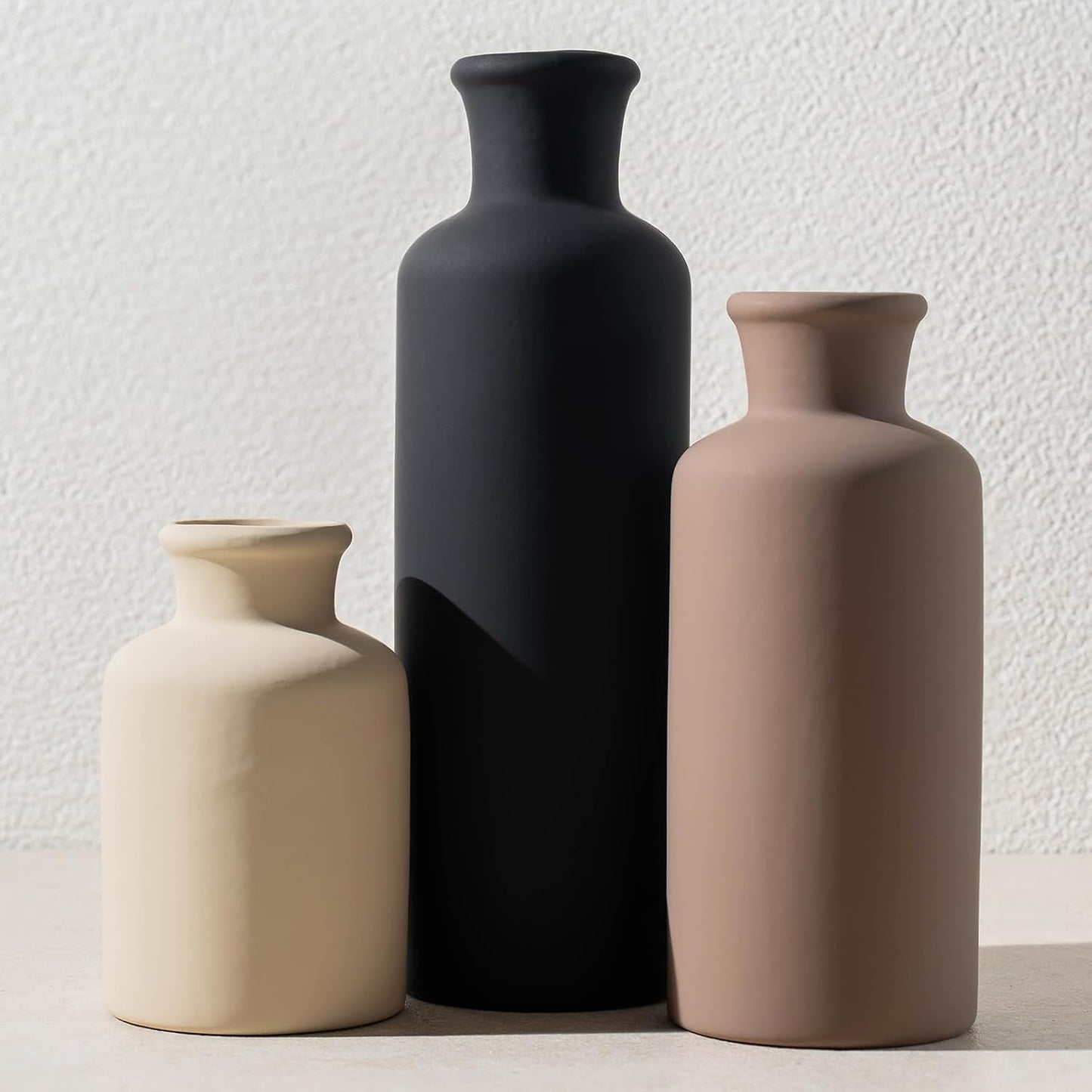 Ceramic Vase Set of 3, Modern Minimalist Neutral Home Decor, Boho Rustic Farmhouse Decorative Vases for Pampas Grass Dried Flowers | Table Centerpiece Entryway Mantel Bookshelf(Black Mix Set - Gray#1)