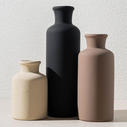 Ceramic Vase Set of 3, Modern Minimalist Neutral Home Decor, Boho Rustic Farmhouse Decorative Vases for Pampas Grass Dried Flowers | Table Centerpiece Entryway Mantel Bookshelf(Black Mix Set - Gray#1)