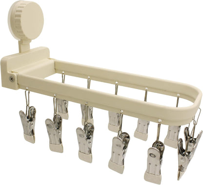 Foldable Laundry Drying Rack with 15 Clips, Wall Mount Suction Cup Hanger for Socks Undergarments Towels, Space Saving Clothes Organizer, Cream White