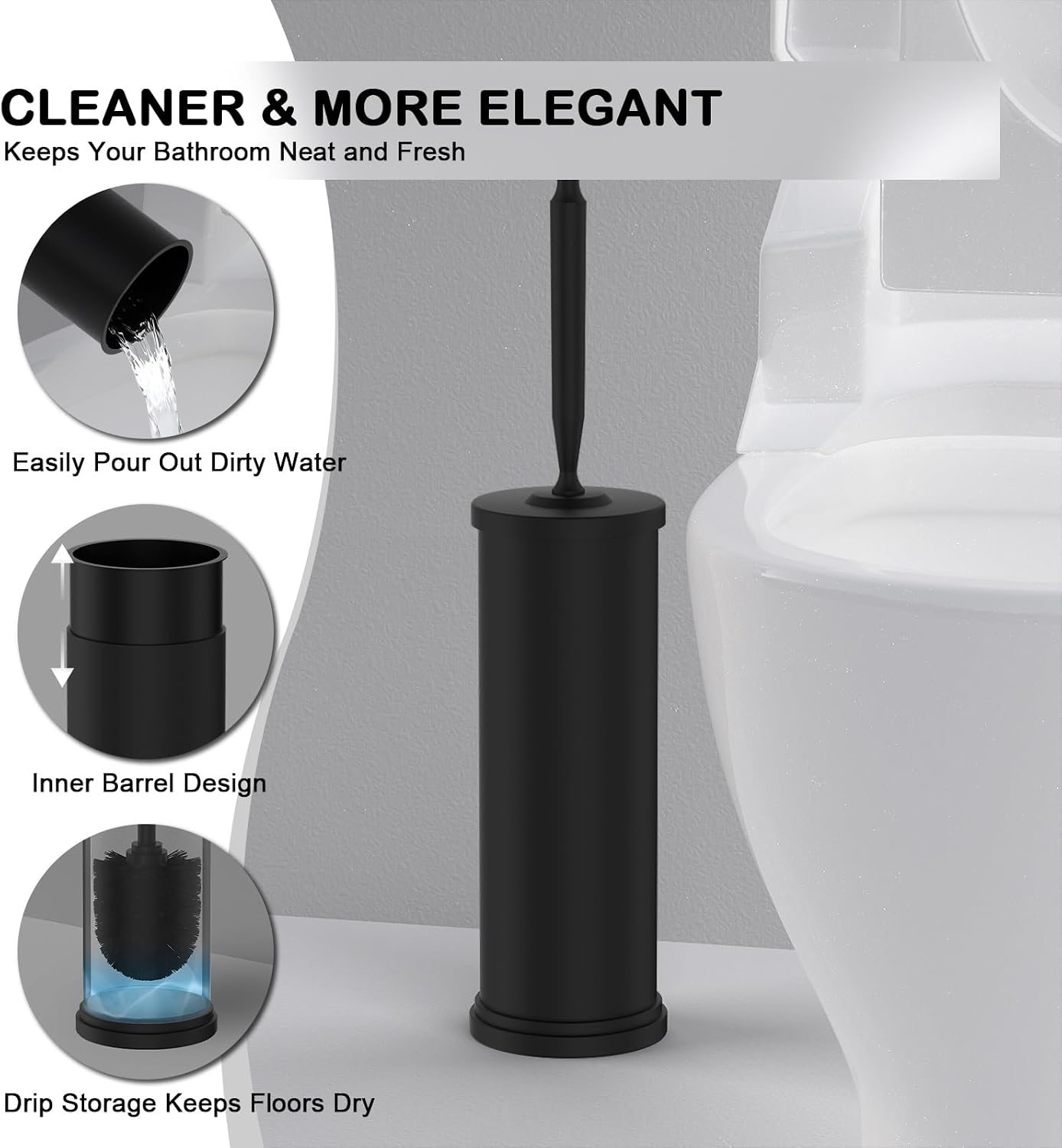 Stainless Steel Toilet Brush and Holder Set : Weighted Stable Base, Removable Inner Tube.Long Handle Toilet Bowl Brush Splash-Proof Design for Deep Cleaning & Space-Saving Storage,Nickel