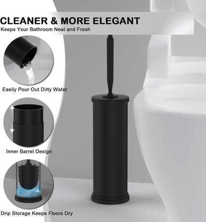 Stainless Steel Toilet Brush and Holder Set : Weighted Stable Base, Removable Inner Tube.Long Handle Toilet Bowl Brush Splash-Proof Design for Deep Cleaning & Space-Saving Storage,Nickel