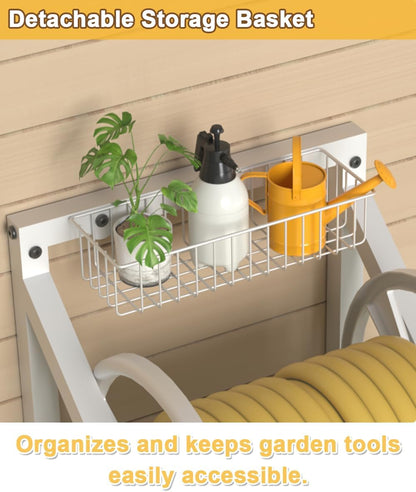 Artigarden Triangle Wall Mounted Garden Hose Reel, Outdoor Heavy-Duty Water Hoses Holder Winder, Holds 125 Ft of 5/8-Inch Hose, with 3.9 ft Leader Hose, Brass Fitting, Storage Basket for Yard, Black