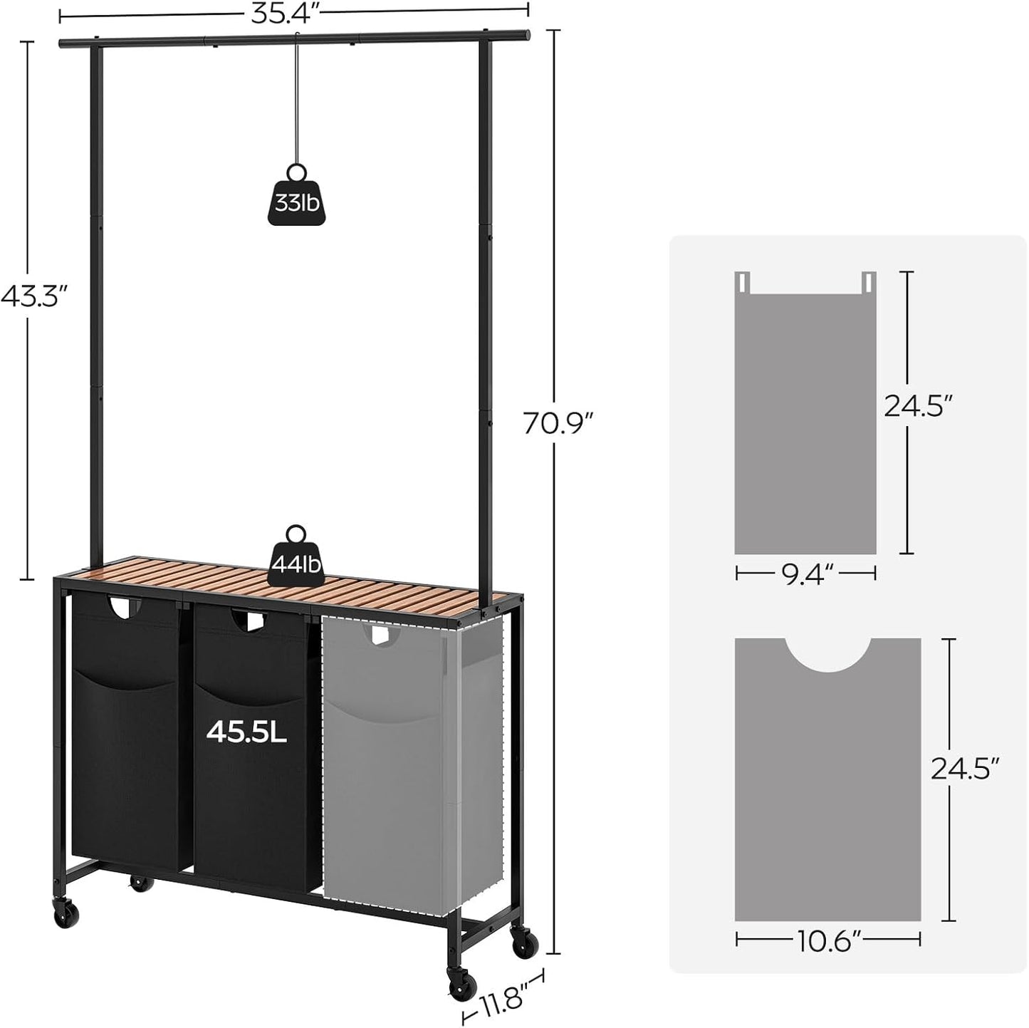 YATINEY Laundry Sorter 4 Section, Rolling Laundry Hamper with Hanging Rack, Laundry Sorter with Wheels, Hampers for Laundry, Laundry Basket Organizer for Laundry Room, Rustic Brown LS47BR