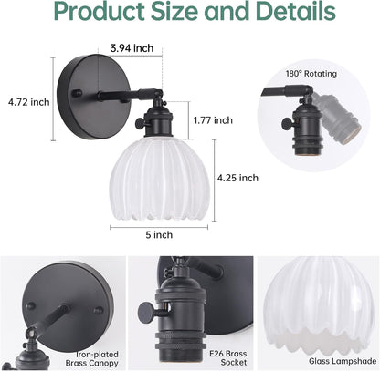 Shenmoyl Vintage Battery Operated Wall Sconce with Transparent Tulip Glass Lampshade Rechargeable Battery Powered Wall Light with Remote Control for Bedside Bedroom Doorway, Set of 2