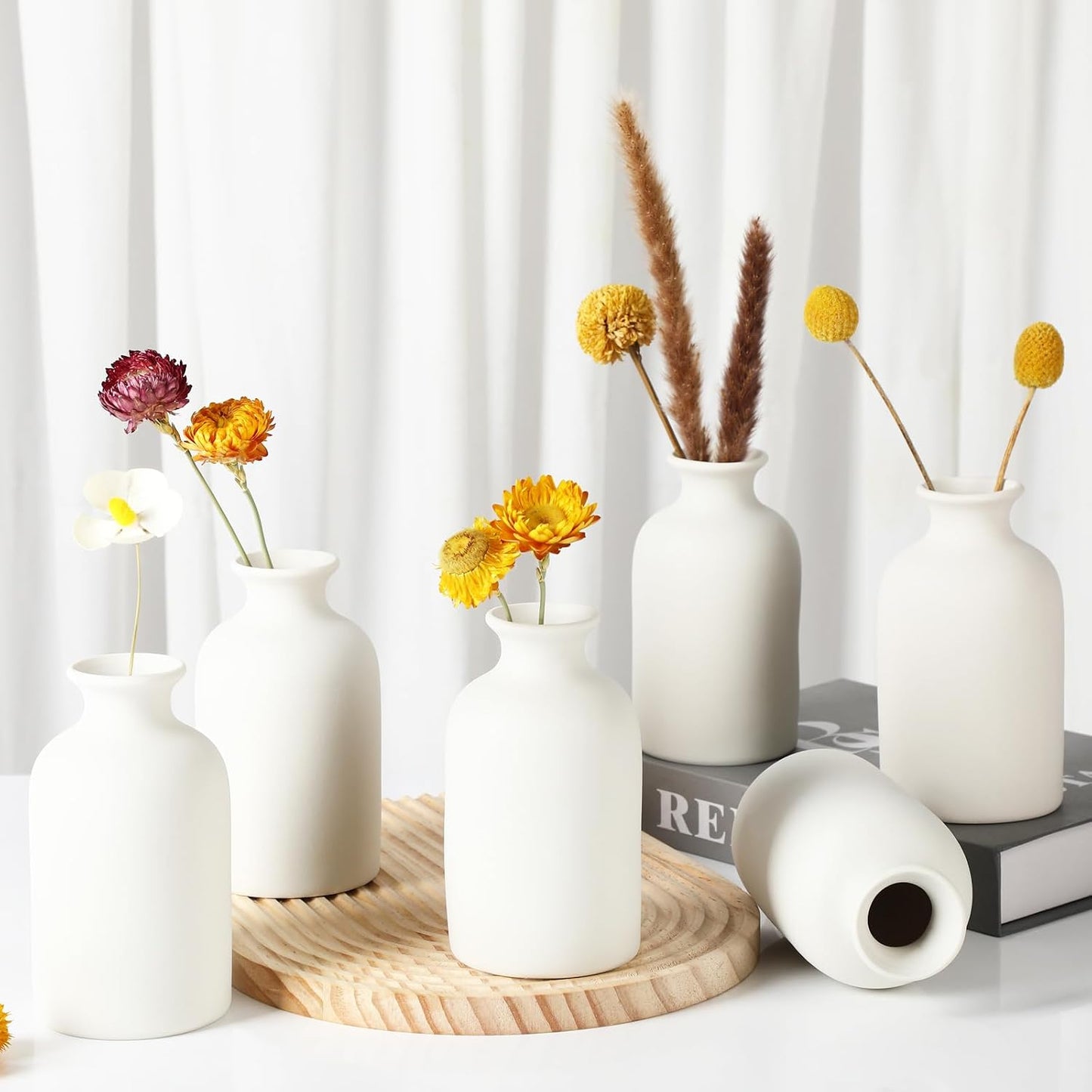 YANLING 6 Pack White Vase Small Ceramic Vases for Decor, Bud Vases | for Centerpieces White Vases for Flowers Boho Home Decor, Pampas Grass Dried Flowers Vases