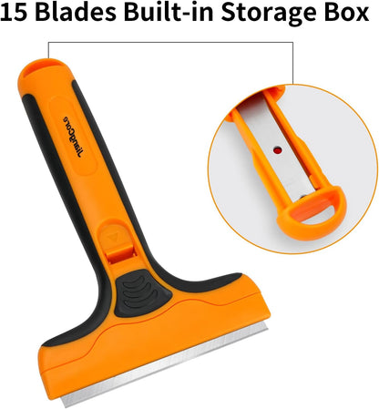 JiangCore Wide Razor Blade Scraper Tool – 4" Scraper Tool with 15 Extra Replacement SK5 Blades,Glass Cleaner for Stove Tops, Windows, Paint Removal and Adhesive Residues