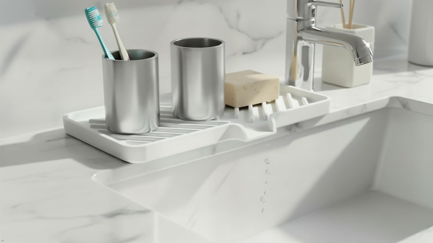 Silicone Soap Dish Tray and Sponge Holder with Drain Chute and Feet | 3-Way Sloped Design | Bathroom and Kitchen Sink Organizer Caddy (Black, 10"x4", 7.8 Ounces)