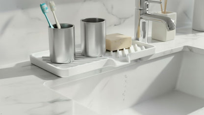 Silicone Soap Dish Tray and Sponge Holder with Drain Chute and Feet | 3-Way Sloped Design | Bathroom and Kitchen Sink Organizer Caddy (Black, 10"x4", 7.8 Ounces)