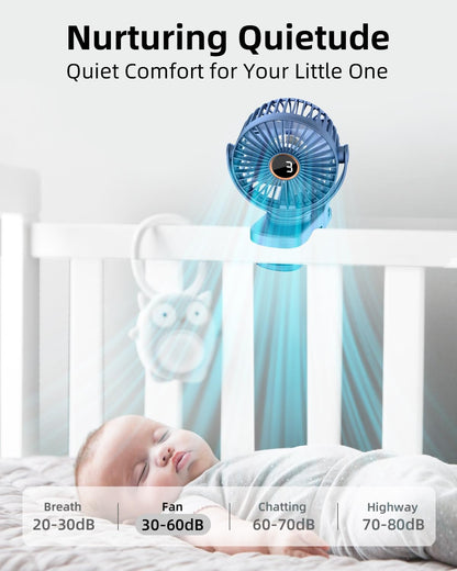 buywoo Portable Mini Personal Fan, Small Rechargeable Battery Powered Stroller Fan for Desk, Strong Clamp Grip, 360° Rotation, 3-Speed, LED Display, Clip On Cooler for Bed, Golf Cart, Office, Blue