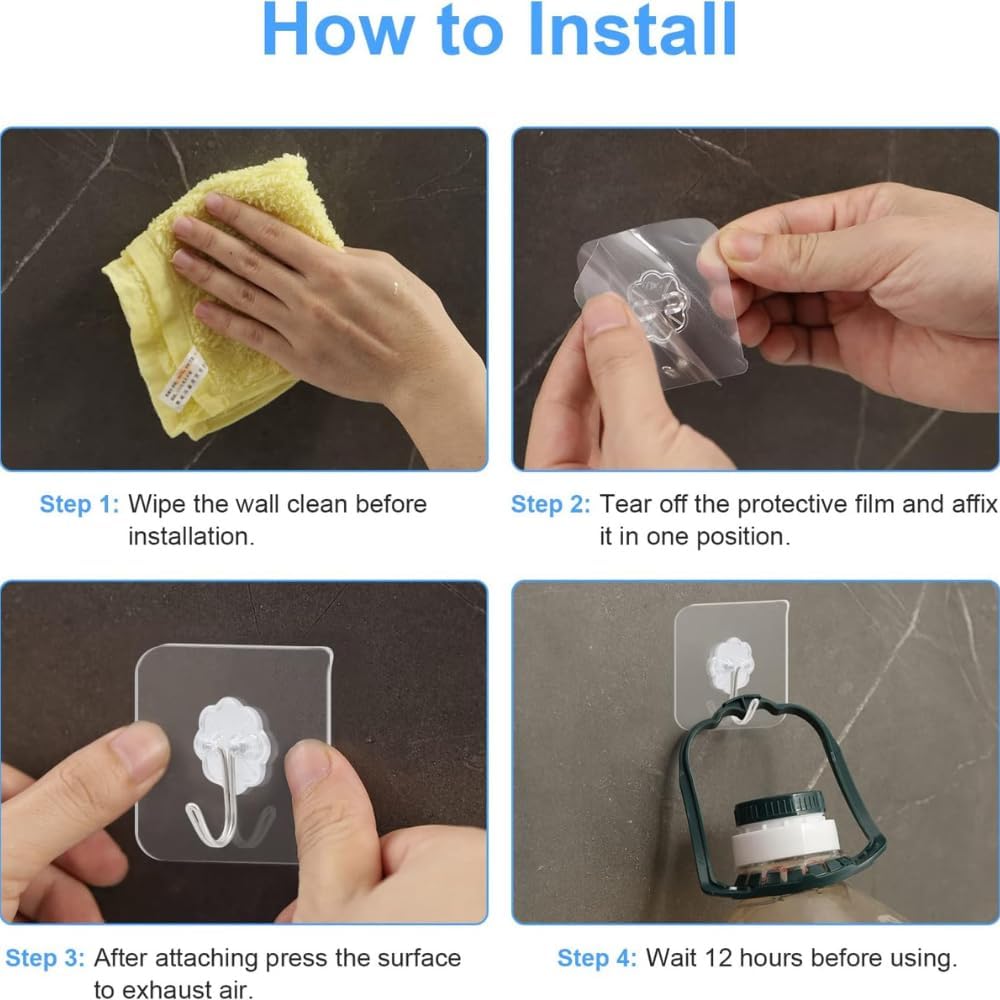 24 Pack Adhesive Hooks for Hanging - Heavy Duty, Wall Hooks for Hanging, Adhesive Wall Hook, No Damage, Waterproof, 33Ib Max, for Bathroom, Kitchen, Towel, Coat, Key