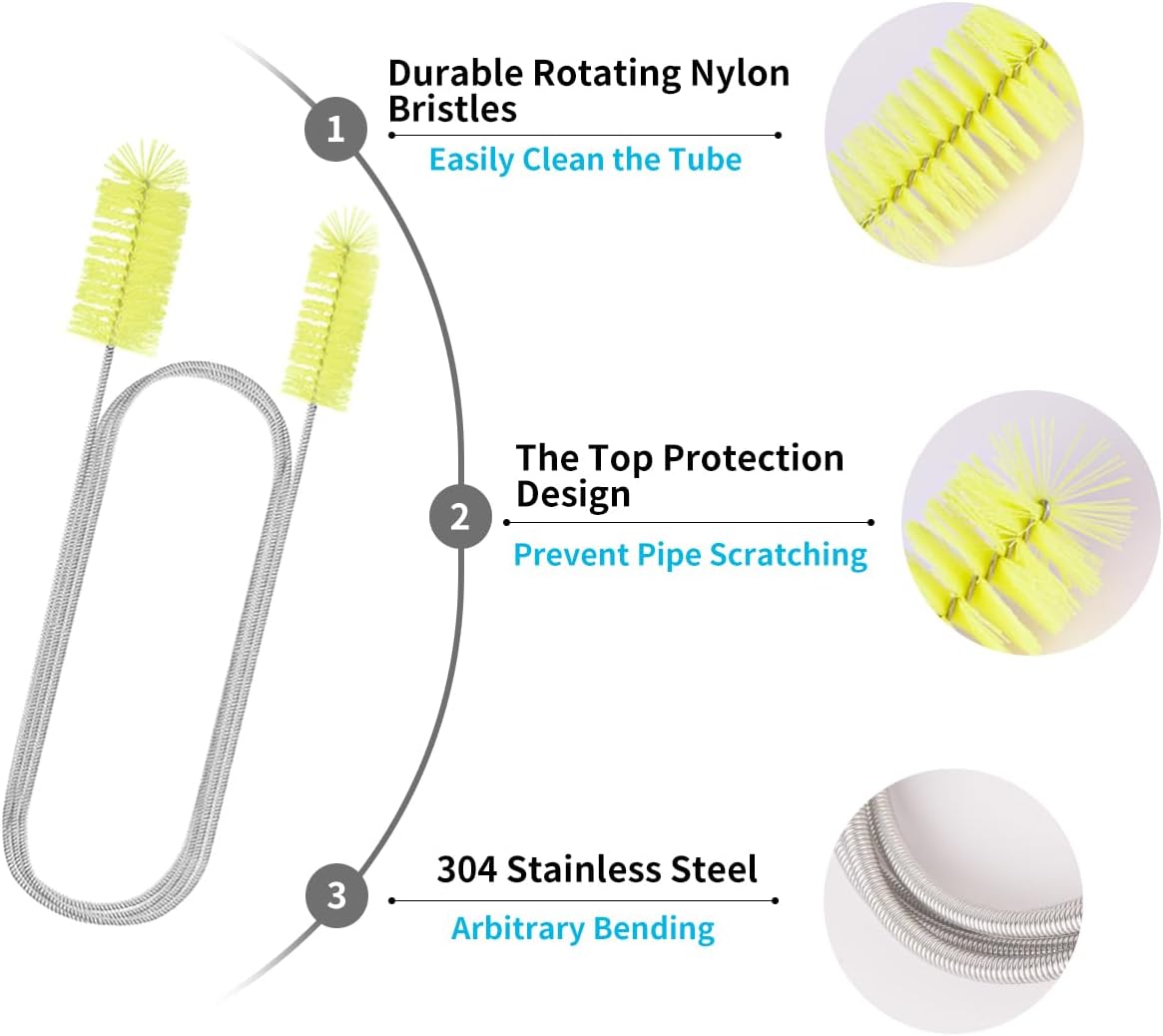 Flexible Drain Brush, 66 Inch Double Ended Aquarium Filter Hose Long Pipe Cleaners Brush for Fish Tank, Sink, Drain, and 2 Pieces 12 Inch Straw Cleaning Brush