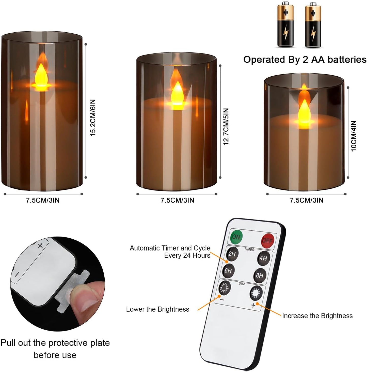 wemarry Flameless Candles 4" 5" 6" Acrylic Glass Pillars 3" Diameter Battery Operated Flickering Candles Include 8-Key Remote with Timer Function 400+ Hours (Amber, Warm Light 3 Pack)