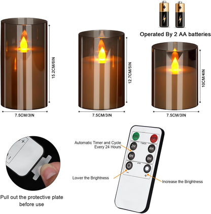 wemarry Flameless Candles 4" 5" 6" Acrylic Glass Pillars 3" Diameter Battery Operated Flickering Candles Include 8-Key Remote with Timer Function 400+ Hours (Amber, Warm Light 3 Pack)