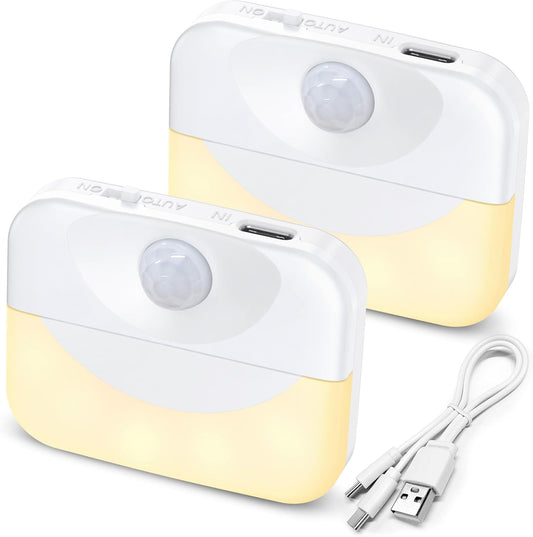 ZAPOGO 2 Pack Rechargeable Motion Sensor Stair Light for Indoor,Warm White LED Night Light,Wireless Stick on Anywhere Hallway Lamp,Motion Activated Lamps for Step, Cabinet, Hallway, Bathroom