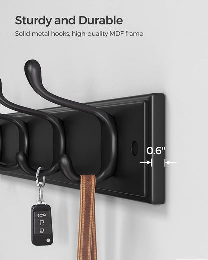 SONGMICS Wall-Mounted Coat Rack, Hook Rack, 4 Dual Metal Hooks, White | For Coats, Bags, Keys, in the Entryway, Bedroom, Living Room ULHR23WT